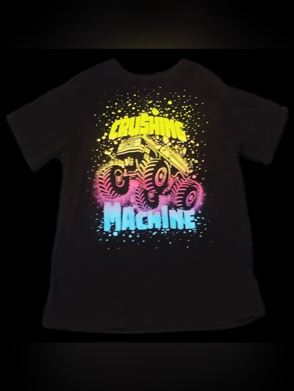 #KCB141 Crushing Machine Kids Graphic Tee - Black with Neon Print